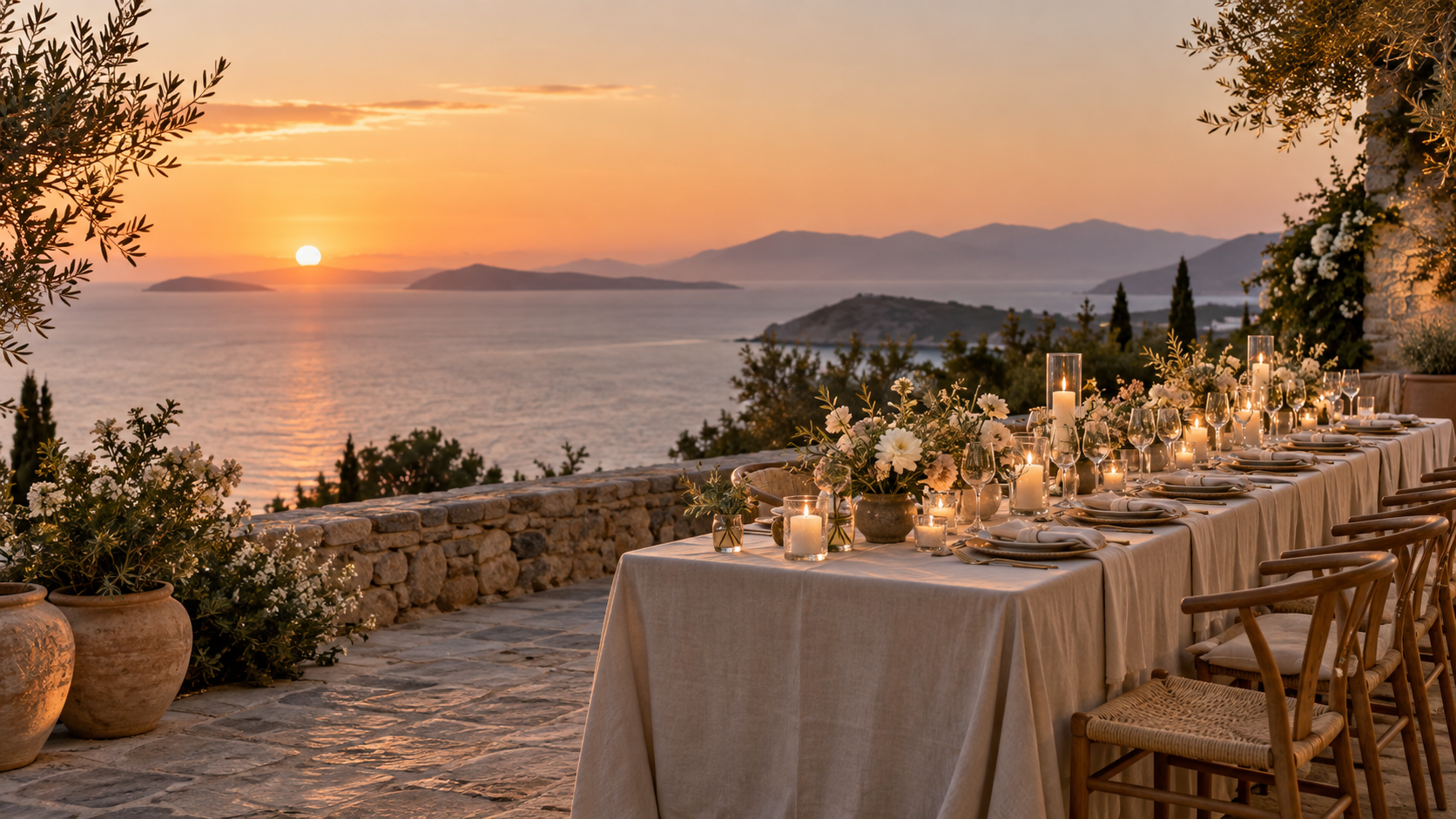 Mesa preparada para uma celebração ao pôr do sol à beira-mar